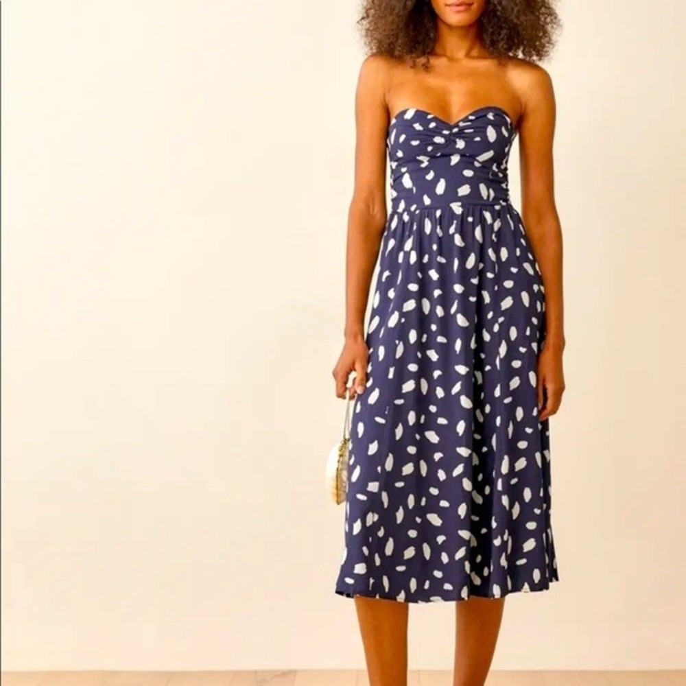 Reformation Aymeline Strapless Midi Dress Women's 2 Navy Blue White Abstract Dot